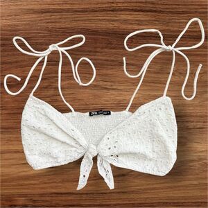 Zara White Eyelet Tie-Front Camisole Crop Top Preowned Chic Layering Top